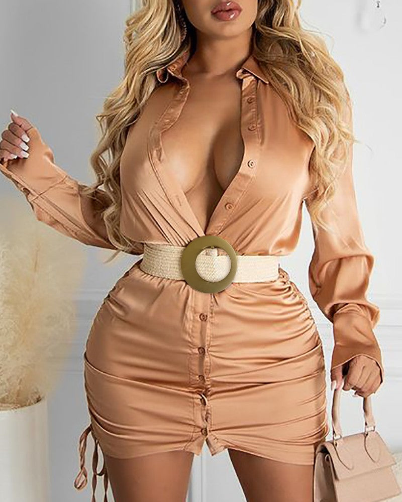 Drawstring Ruched Buttoned Shirt Dress With Belt