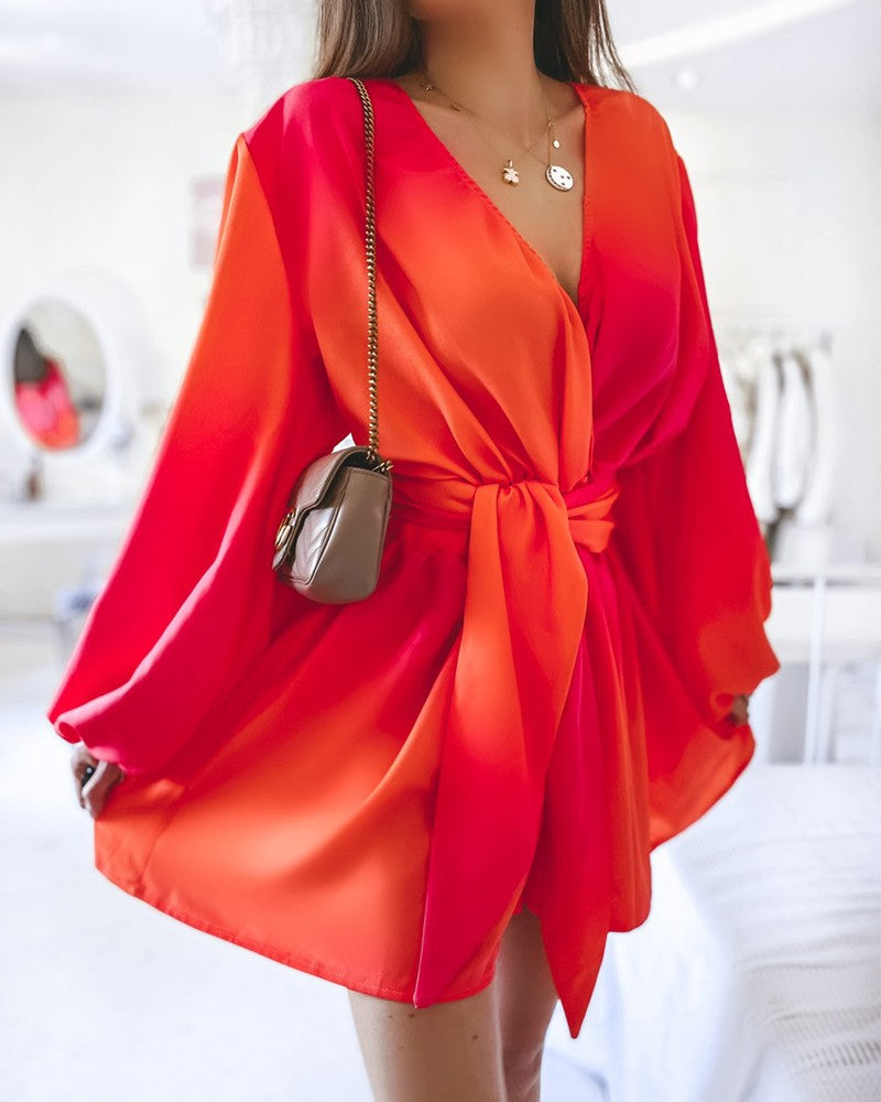 Ombre V-Neck Lantern Sleeve Belted Casual Dress