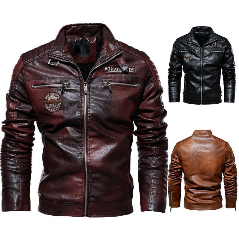 Leather Jacket Men Winter Fleece Motorcycle Stand Collar Casual Windbreaker