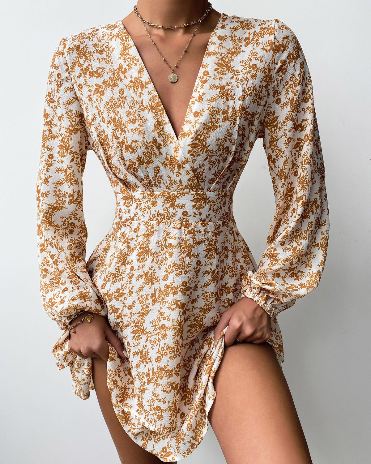V-neck Floral Print Long Sleeve Dress