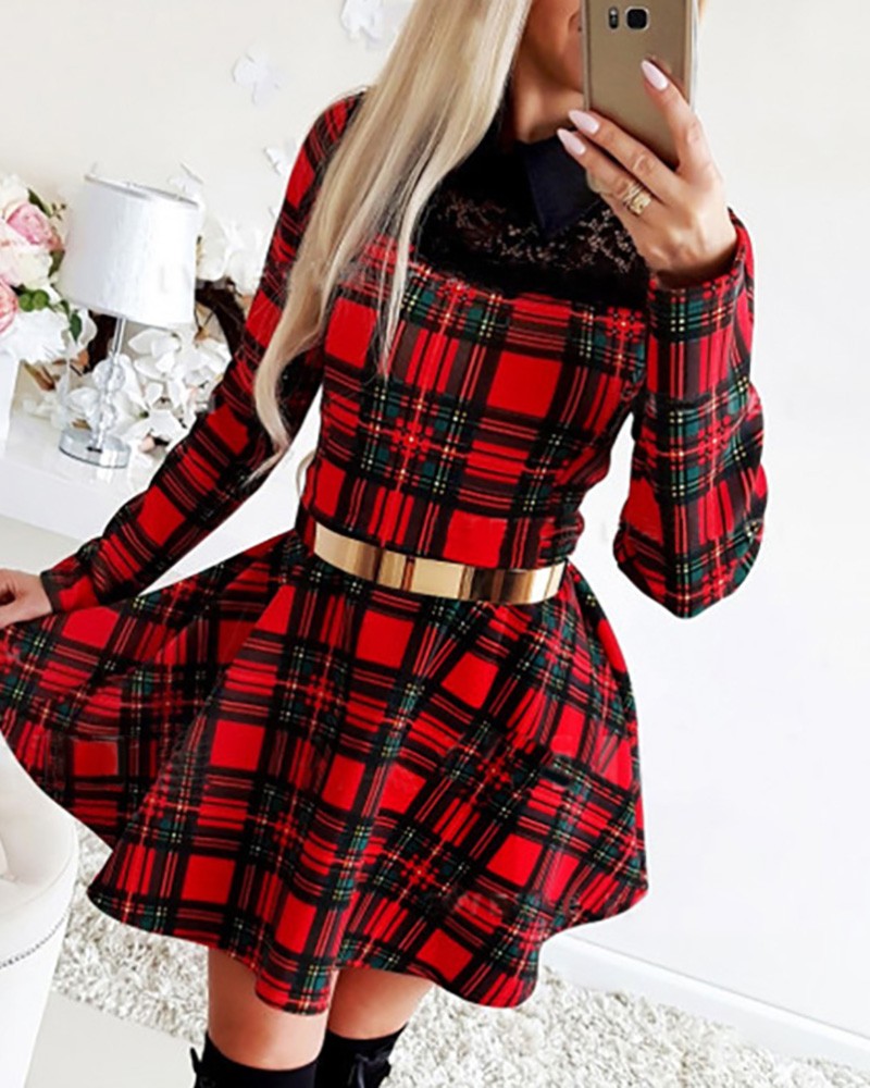 Eyelash Lace Plaid Long Sleeve Women Dress