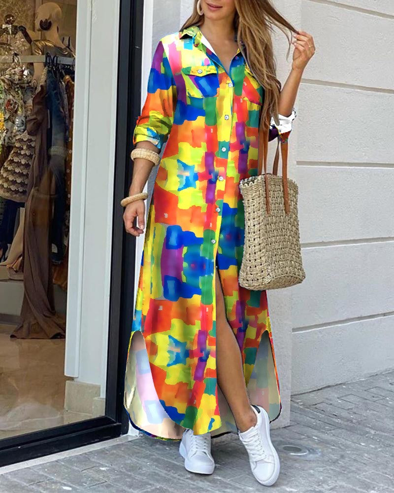 Color Pocket Design Slit Shirt Dress