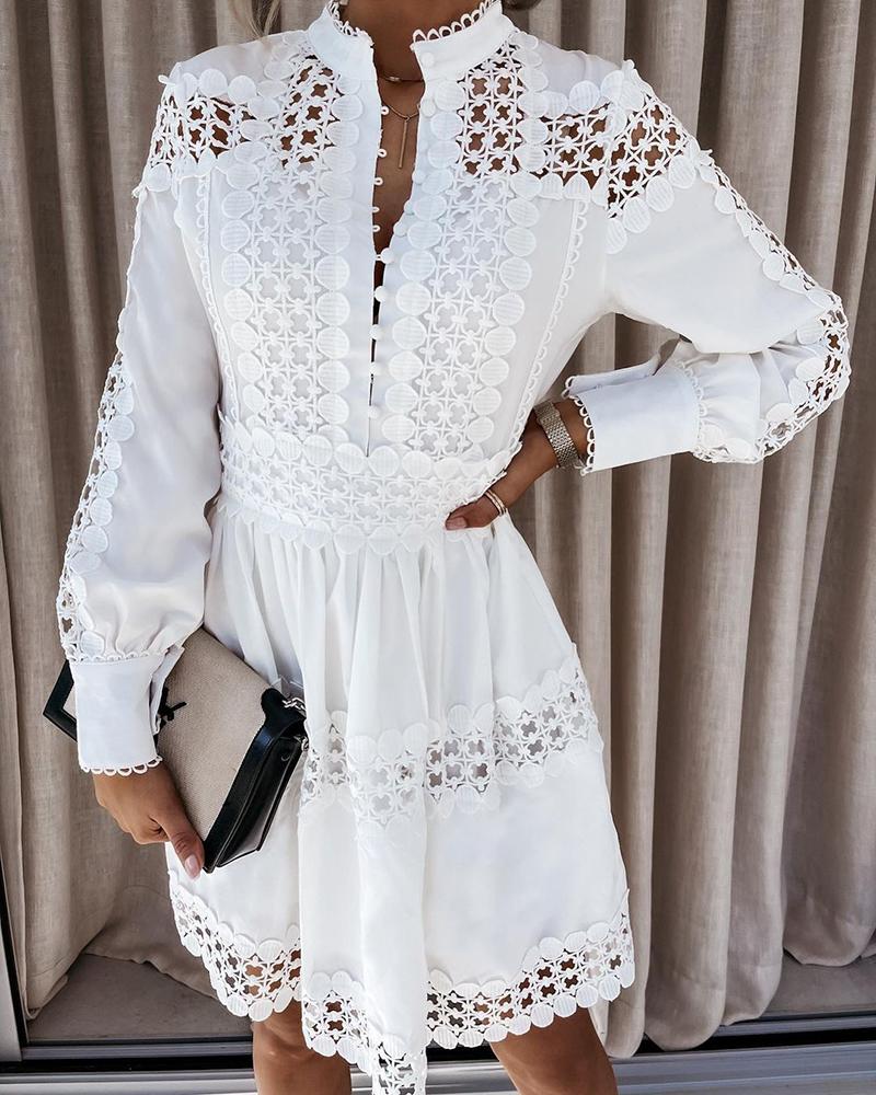 Hollow Out Plain Long Sleeve Shirt Dress