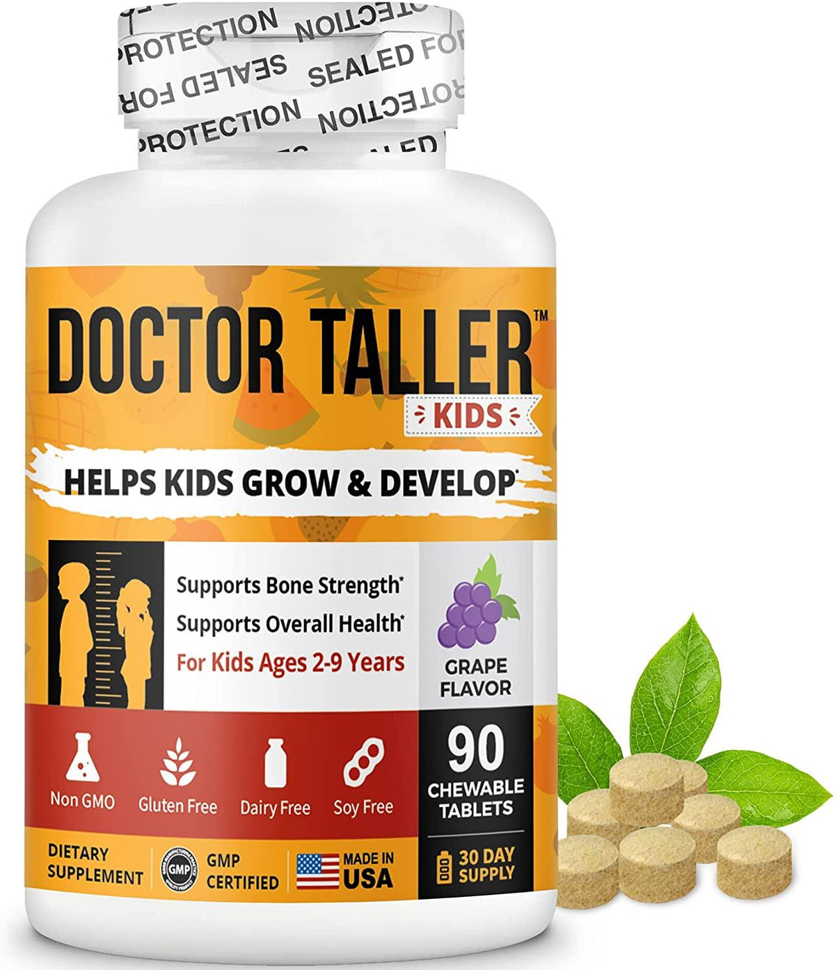 Doctor Taller Kids - Supplement Kids with Multivitamins and Multiminerals for Optimal Health - for Kids Ages 2 to 9 - Grape Flavor - 90 Vegan Chewable Tablets (Pack of 12)