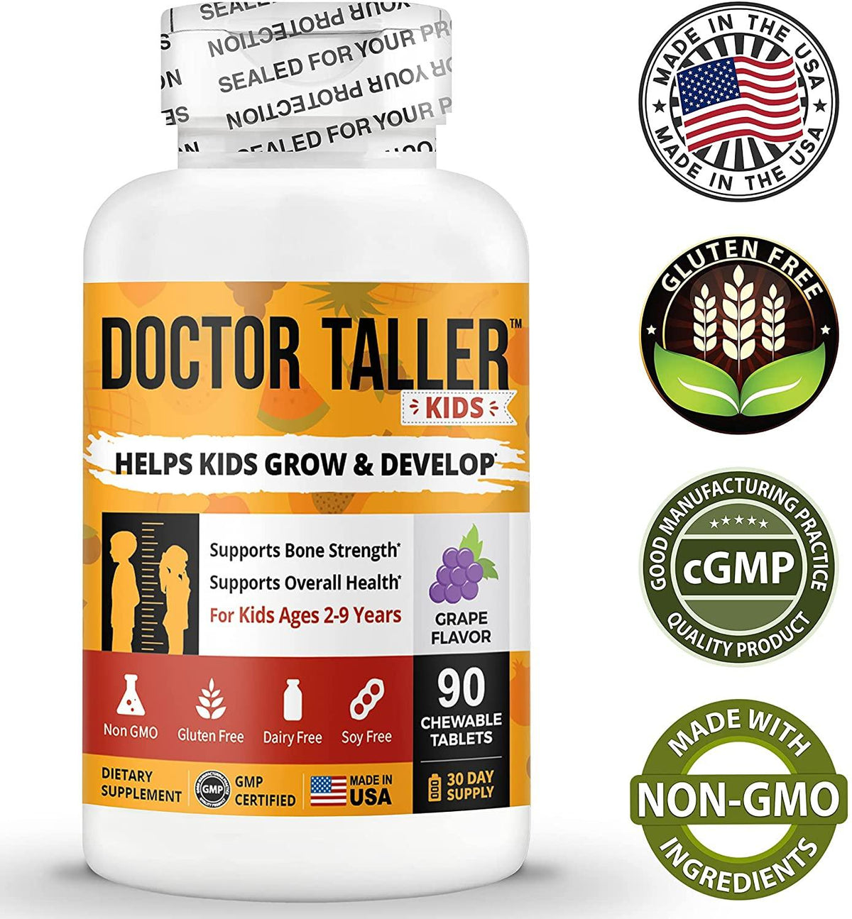 Doctor Taller Kids - Supplement Kids with Multivitamins and Multiminerals for Optimal Health - for Kids Ages 2 to 9 - Grape Flavor - 90 Vegan Chewable Tablets (Pack of 12)