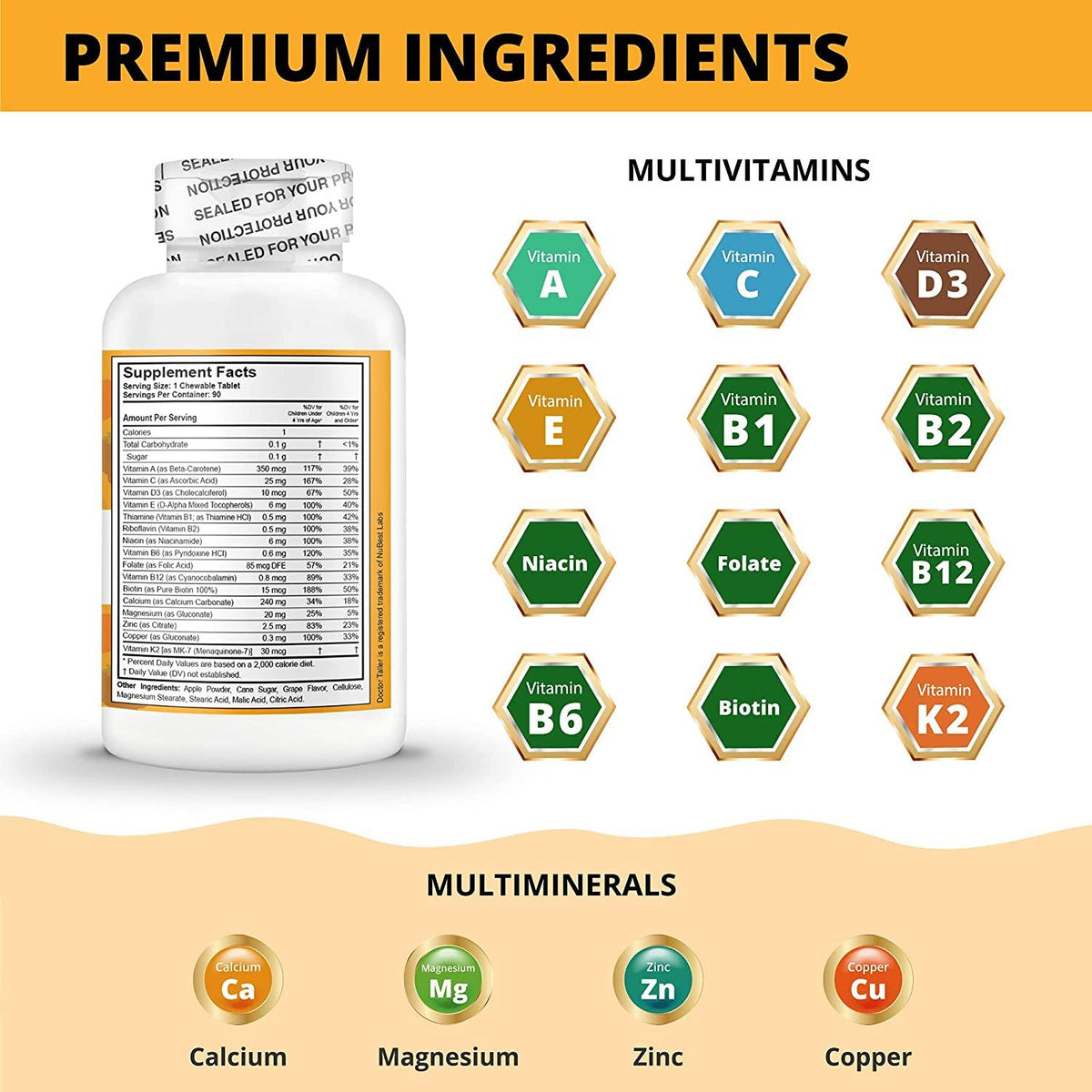 Doctor Taller Kids - Supplement Kids with Multivitamins and Multiminerals for Optimal Health - for Kids Ages 2 to 9 - Grape Flavor - 90 Vegan Chewable Tablets (Pack of 12)