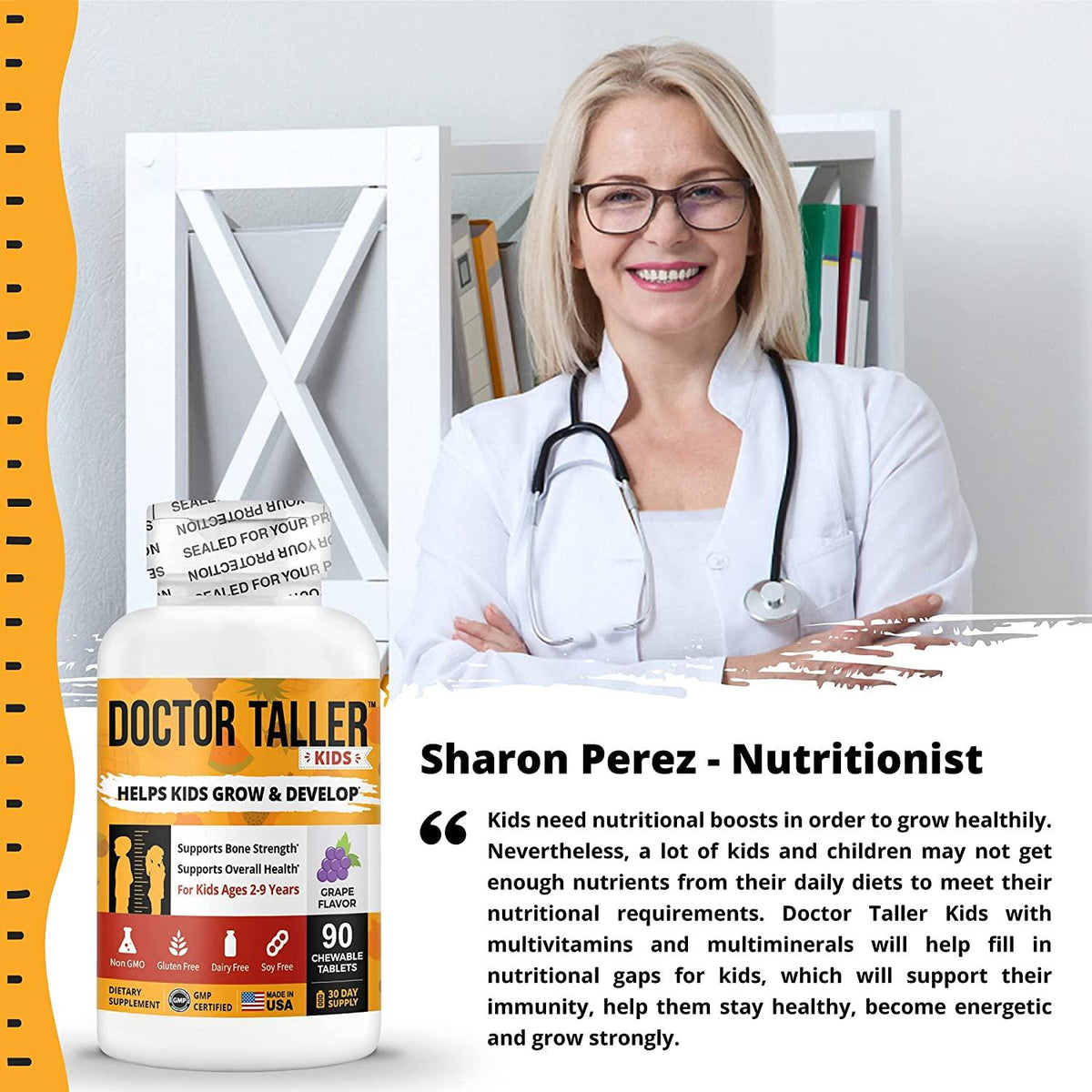 Doctor Taller Kids - Supplement Kids with Multivitamins and Multiminerals for Optimal Health - for Kids Ages 2 to 9 - Grape Flavor - 90 Vegan Chewable Tablets (Pack of 12)
