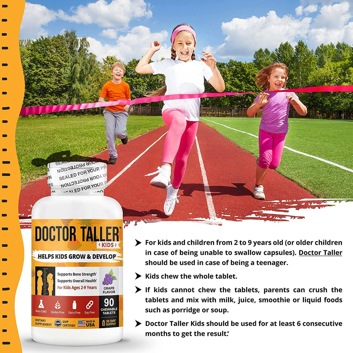 Doctor Taller Kids - Supplement Kids with Multivitamins and Multiminerals for Optimal Health - for Kids Ages 2 to 9 - Grape Flavor - 90 Vegan Chewable Tablets (Pack of 12)