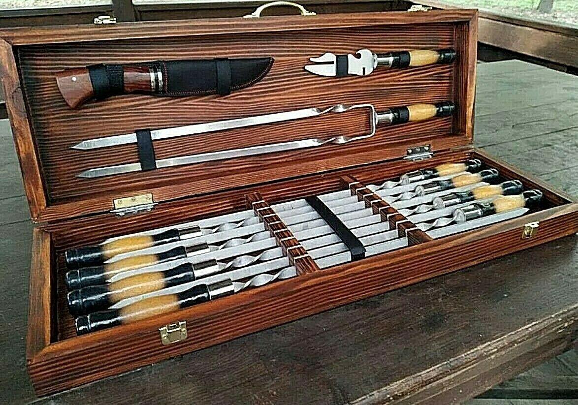 Set Stainless Steel Skewers in Wooden Box Grill BBQ Tool Set Handmade Skewers