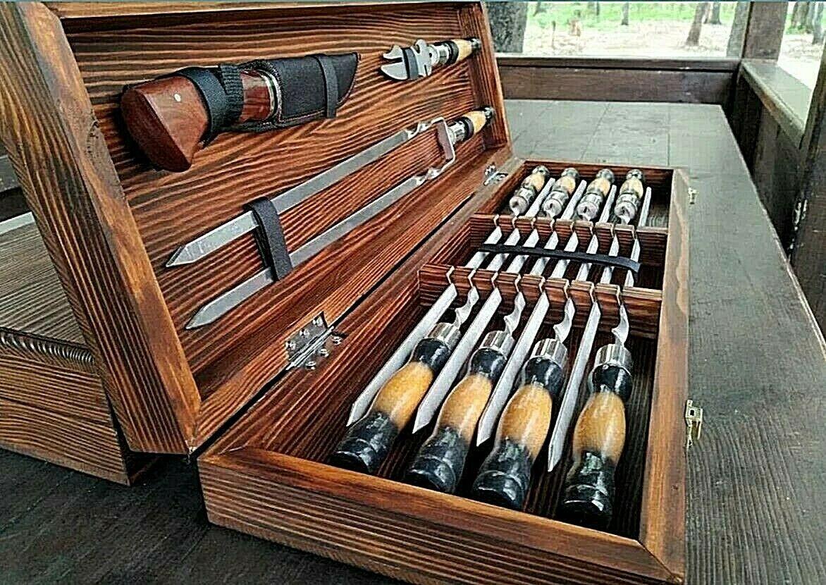 Set Stainless Steel Skewers in Wooden Box Grill BBQ Tool Set Handmade Skewers