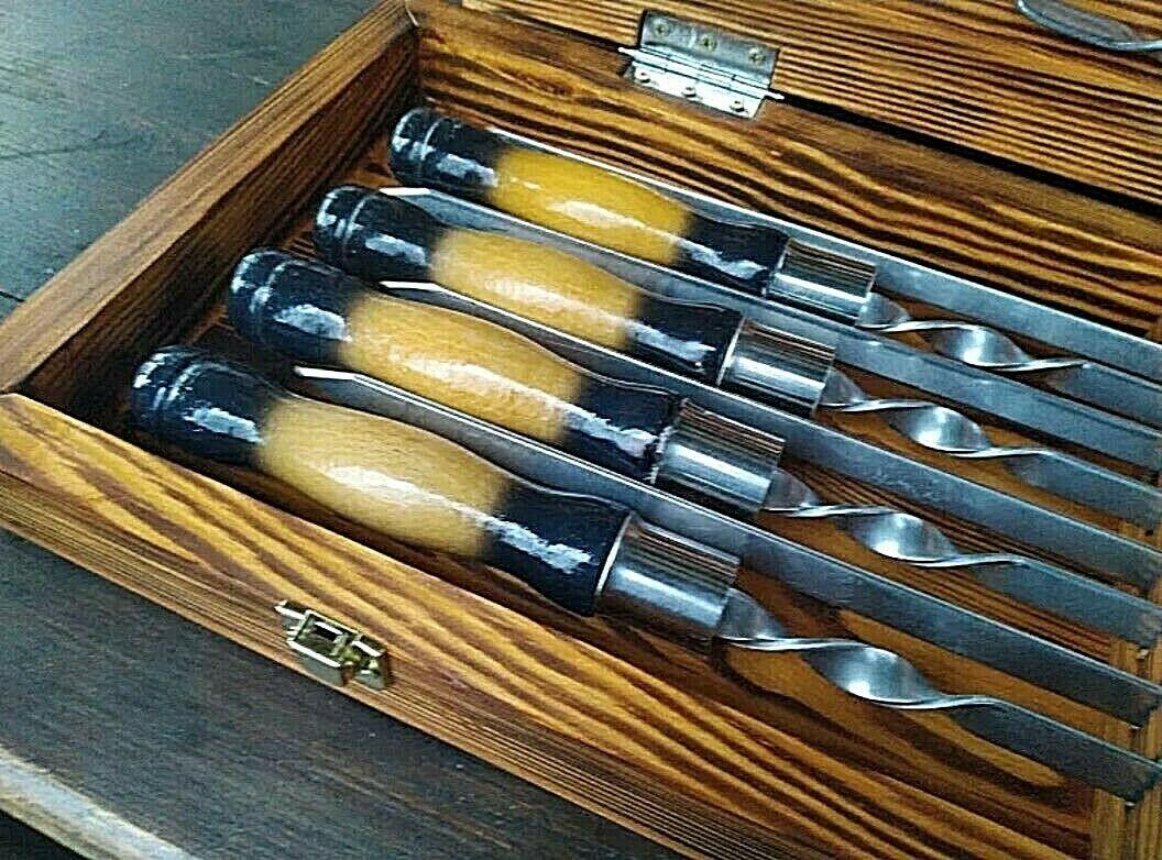 Set Stainless Steel Skewers in Wooden Box Grill BBQ Tool Set Handmade Skewers