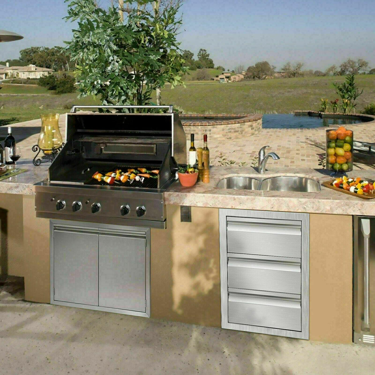 31"x24" OUTDOOR KITCHEN DOUBLE ACCESS DOOR DRAWER BBQ ISLAND STAINLESS STEEL USA