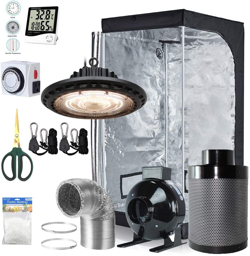 BloomGrow 300W Full Spectrum UFO LED Light + 32''x32''x63'' Grow Tent + 4'' Inline Fan Filter Duct Combo + Hangers + Hygrometer + Shears + 24-hour Timer + Trellis Netting Indoor Grow Tent Complete Kit