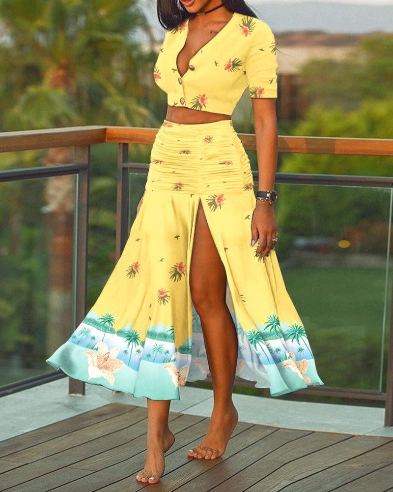 Floral Print Crop Top & Ruched Slit Skirt Sets