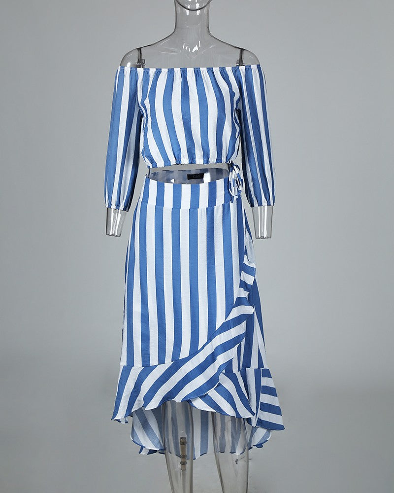 Striped Off Shoulder Top & Ruffles Skirt Sets