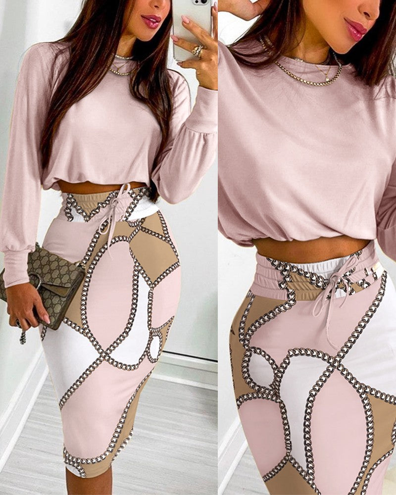 Long Sleeve Top & Chain Print Color Drawstring Shirred Skirt Set