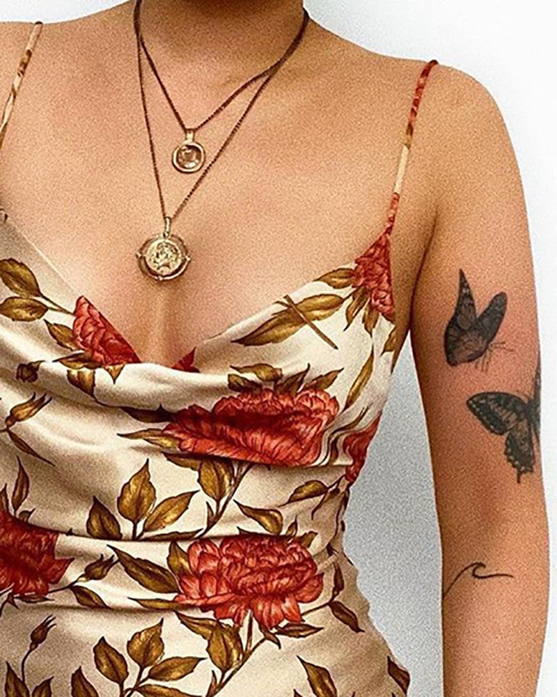 Cowl Neck Floral Leaf Print Satin Dress