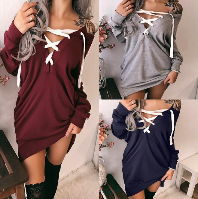 Women's Clothing - 2021 Sexy Deep V Neck Lace-up Pocket Casual Sweatshirt