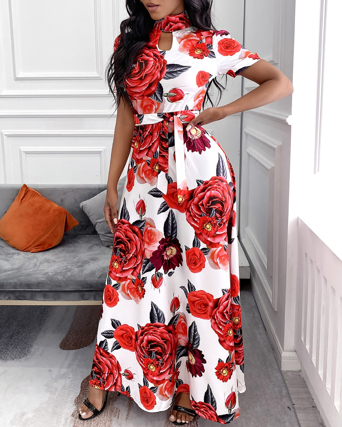 Floral Print Cutout Front Maxi Women Dress