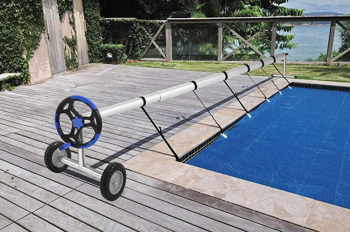 RBtoday Durable Pool Cover Reel Set 18 Feet Pool Solar Cover Reel for Inground Swimming Pool, Aluminum Solar Swimming Inground Cover Blanket Reel - Blue