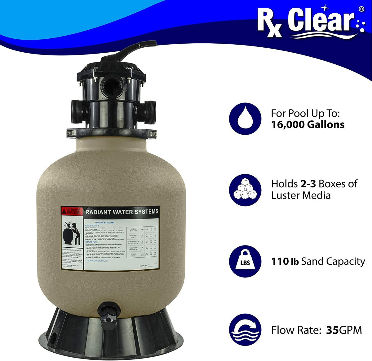 Rx Clear Radiant Sand Filter | for Above Ground Swimming Pools | 16 Inch Tank | 6-Position Valve | Comes with 1.5 Inch Threaded Connections | 110 Pound Sand Capacity | Up to 16,000 Gallons