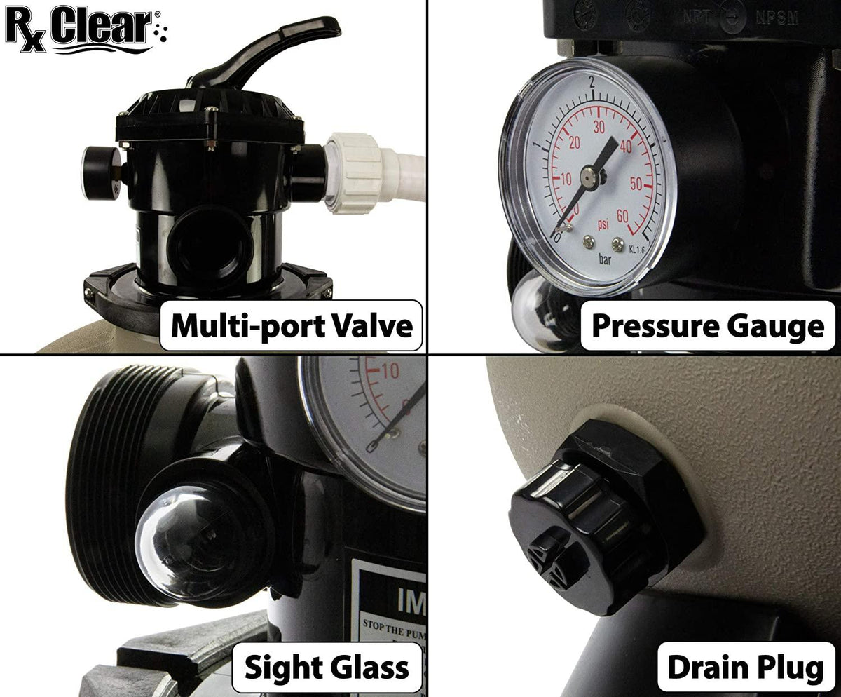 Rx Clear Radiant Sand Filter | for Above Ground Swimming Pools | 16 Inch Tank | 6-Position Valve | Comes with 1.5 Inch Threaded Connections | 110 Pound Sand Capacity | Up to 16,000 Gallons