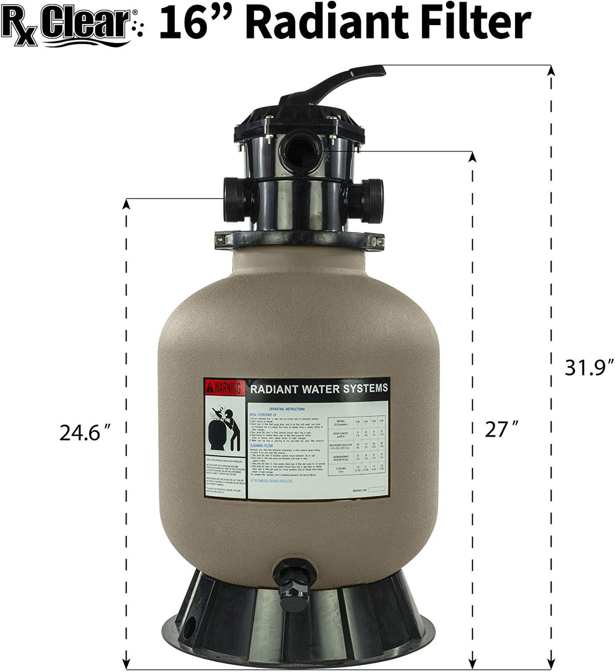 Rx Clear Radiant Sand Filter | for Above Ground Swimming Pools | 16 Inch Tank | 6-Position Valve | Comes with 1.5 Inch Threaded Connections | 110 Pound Sand Capacity | Up to 16,000 Gallons