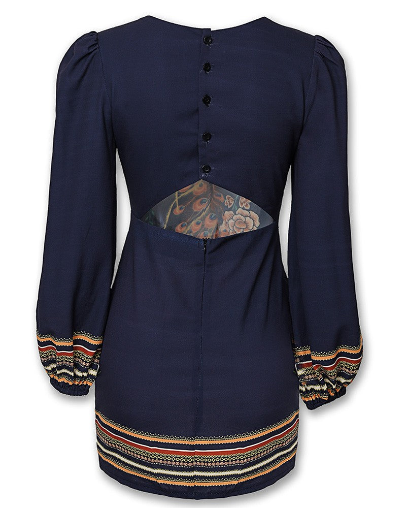 Peacock Print Cutout Back Bishop Sleeve Dress