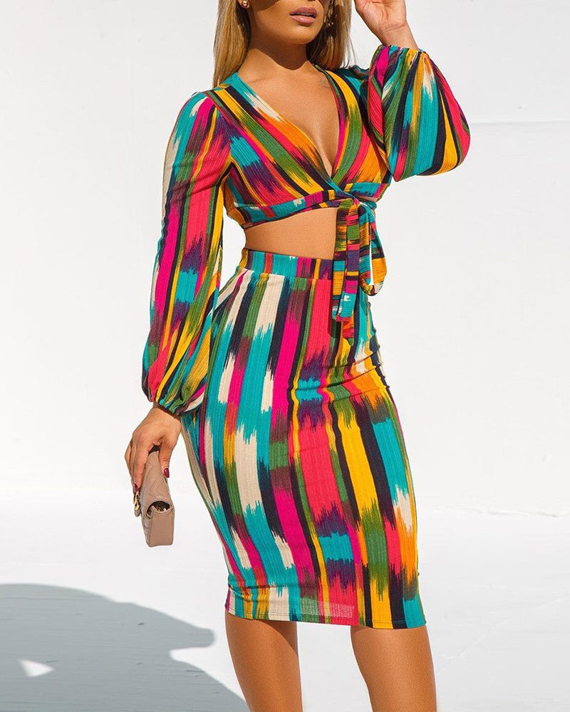 Color Lantern Sleeve Crop Top & Midi Skirt Sets