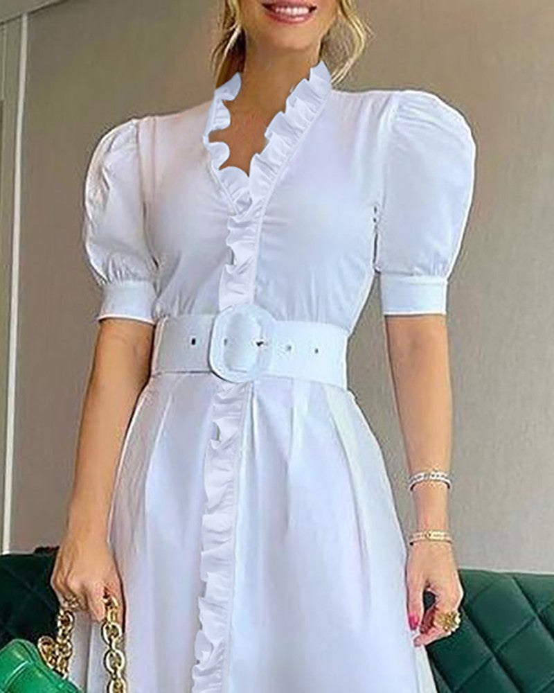 Puff Sleeve Frill Hem Casual Dress With Belt