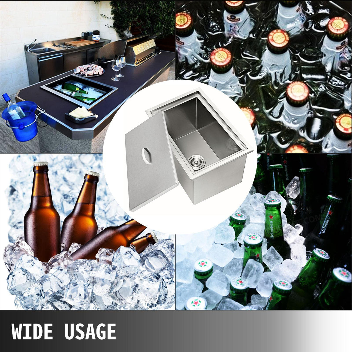 7 Sizes Drop In Ice Chest Bin Boxes W/ Cover Stainless Steel Outdoor/Indoor 304