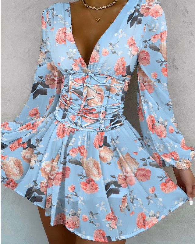 Floral Print V-Neck Lace Up Fold Pleat Dress