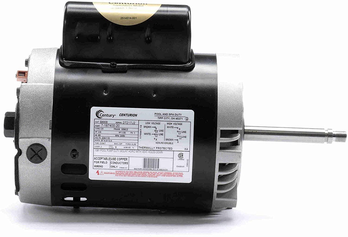 AO Smith/Century Electric Pool Cleaner Replacement (Letro), PSC, No Base, Fits Pump #LA01N (March 1997 to Present), 0.75HP, 3450RPM, 230/115V, 6.5/13.0 AMPS, 1.5SERVICE Factor, Round Flange