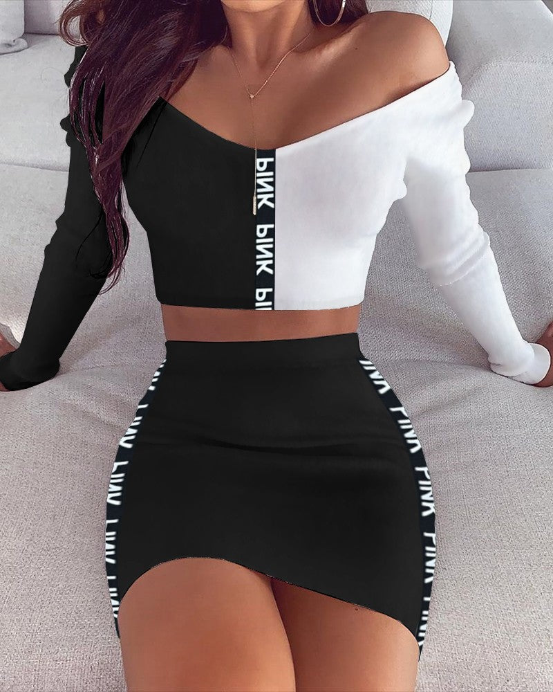 Color Tape Design Long Sleeve Crop Top & High Waist Skirt Sets