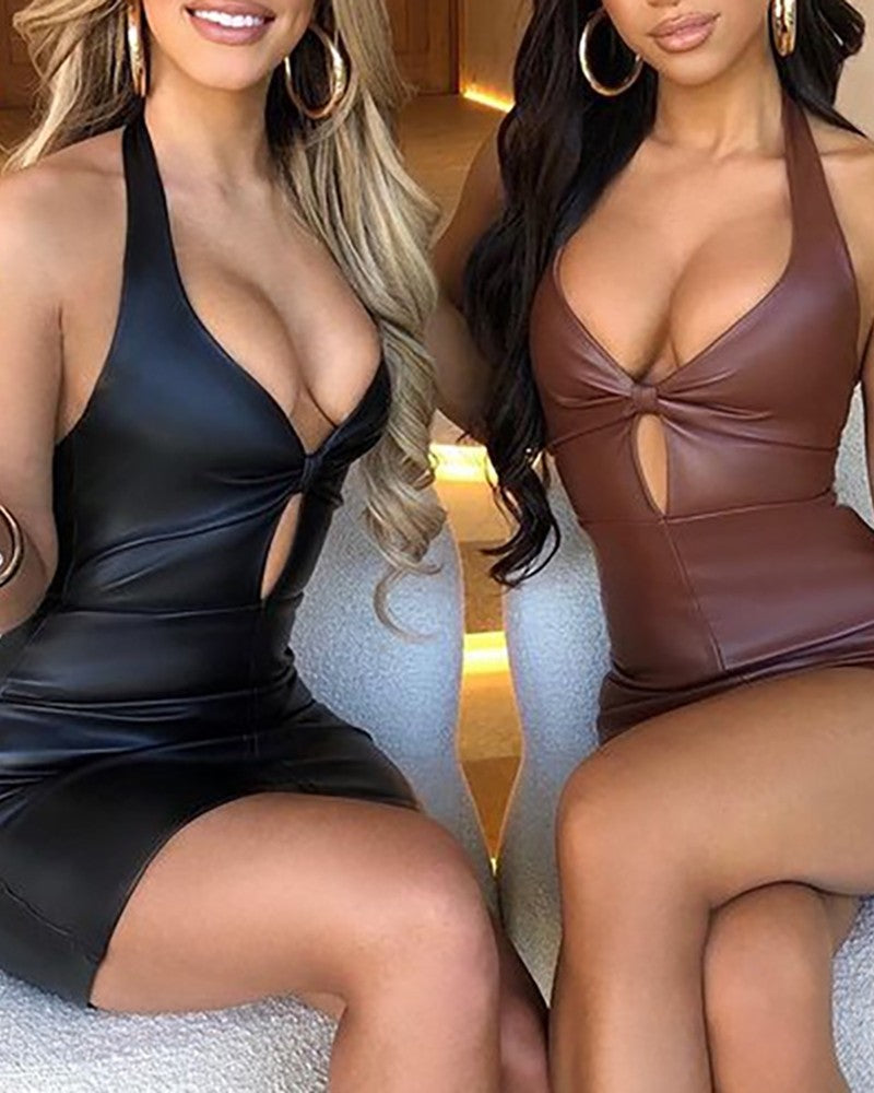 PU Leather Halter Cutout Bodycon Dress