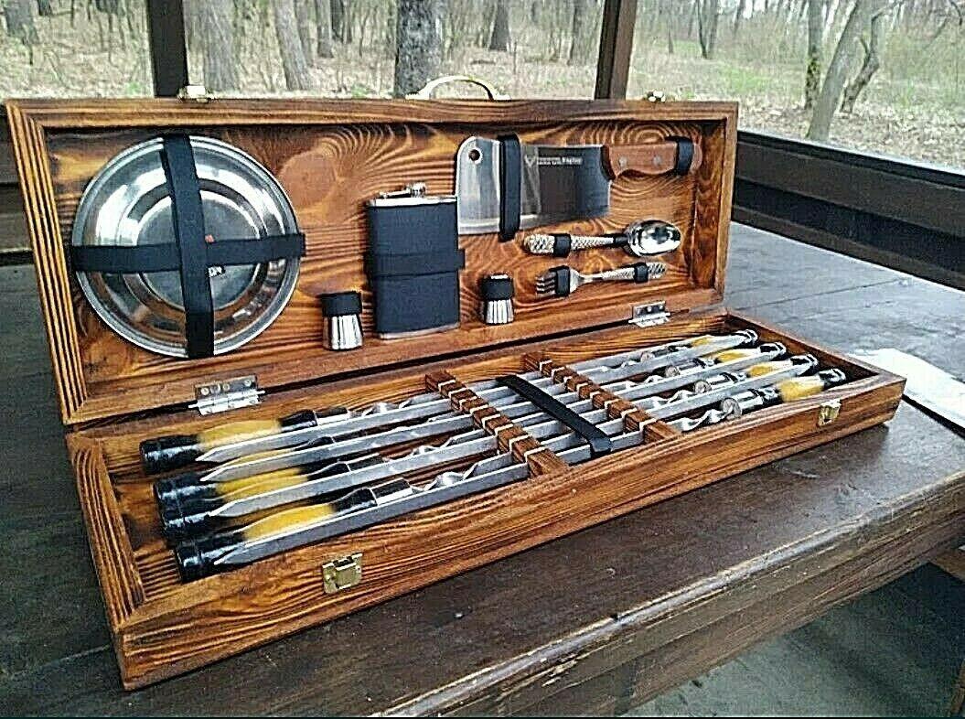 Set Stainless steel skewer wooden case gift Grill BBQ Tool  BBQ accessory set