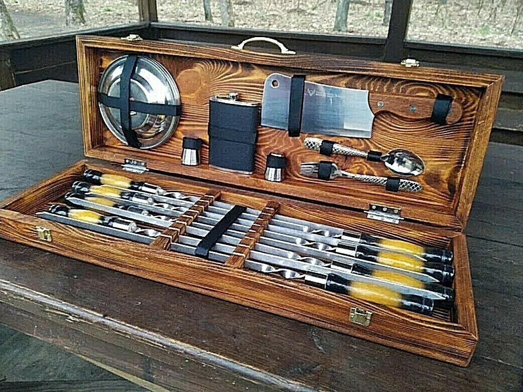 Set Stainless steel skewer wooden case gift Grill BBQ Tool  BBQ accessory set