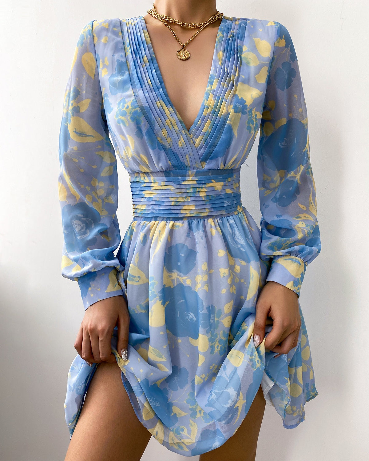 Floral Print V-Neck Long Sleeve Dress