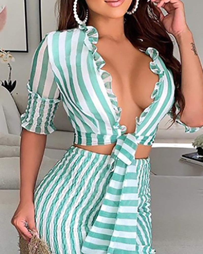 Striped Print Deep V Neck Maxi Bodycon Women Dress