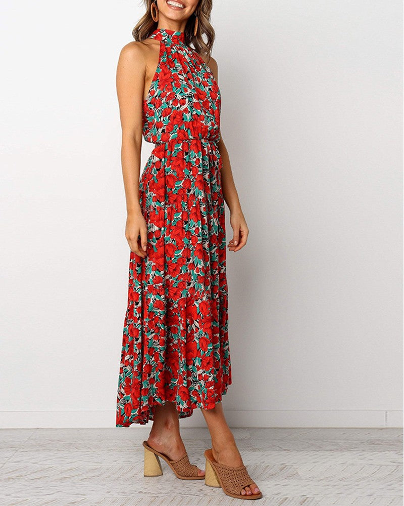 O Neck Sleeveless Floral Print Ruched Maxi Dress
