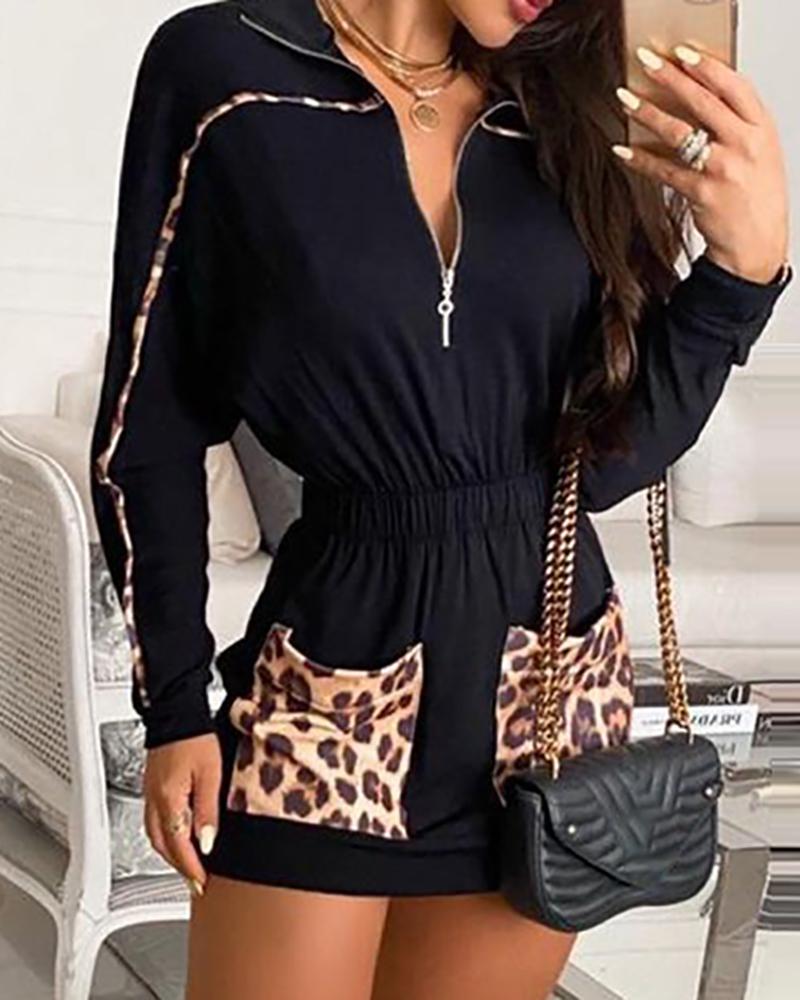 Cheetah Print Color Pocket Design Casual Dress