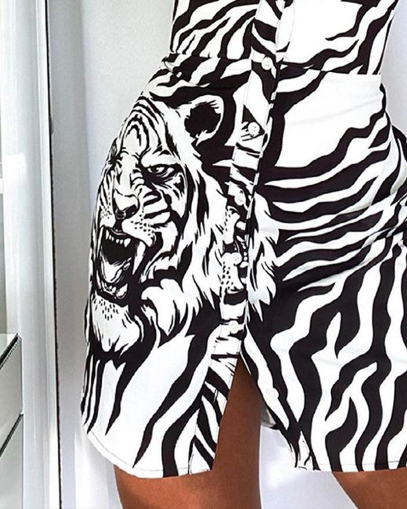 Long Sleeve Button Design Tiger Print Casual Shirt  Dress Slim Mini Shirt Dress