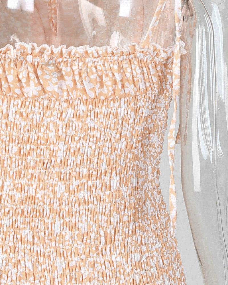 Floral Print Spaghetti Strap Shirring Dress
