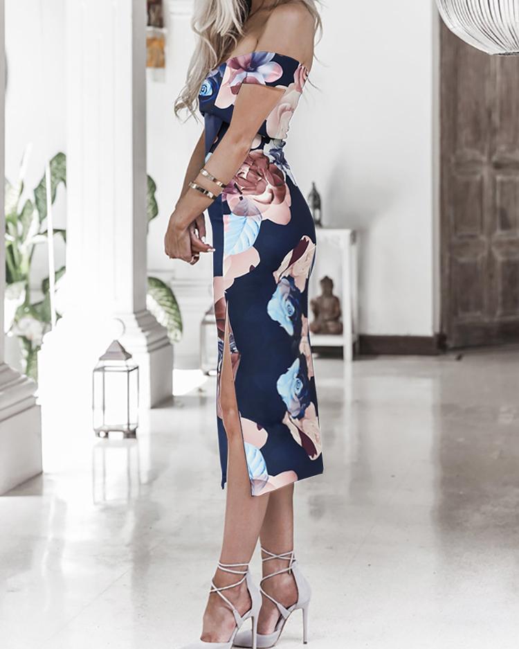 Off Shoulder Floral Side Split Midi Women Dress