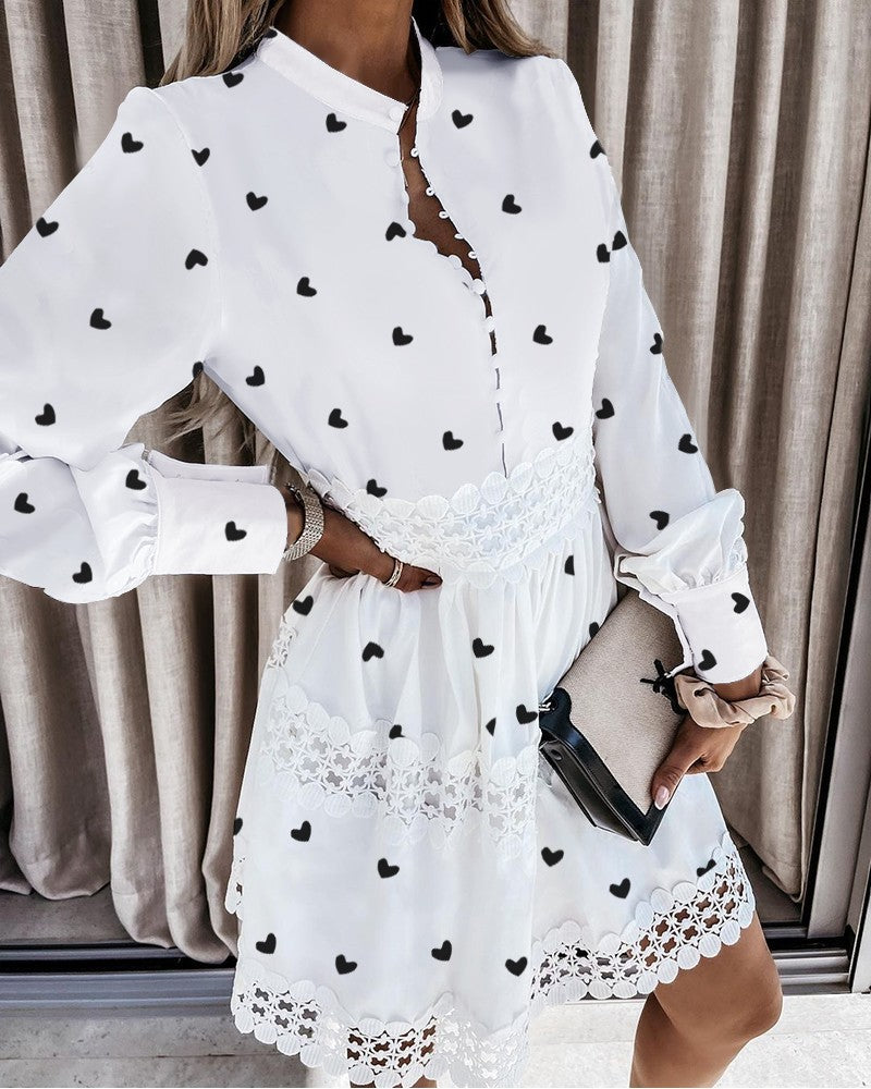 Lace Patch Heart Print Lantern Sleeve Shirt Dress