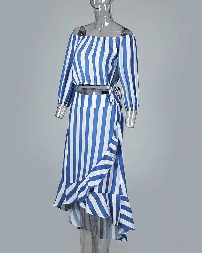 Striped Off Shoulder Top & Ruffles Skirt Sets
