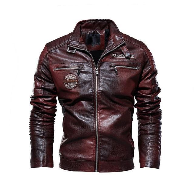 Leather Jacket Men Winter Fleece Motorcycle Stand Collar Casual Windbreaker