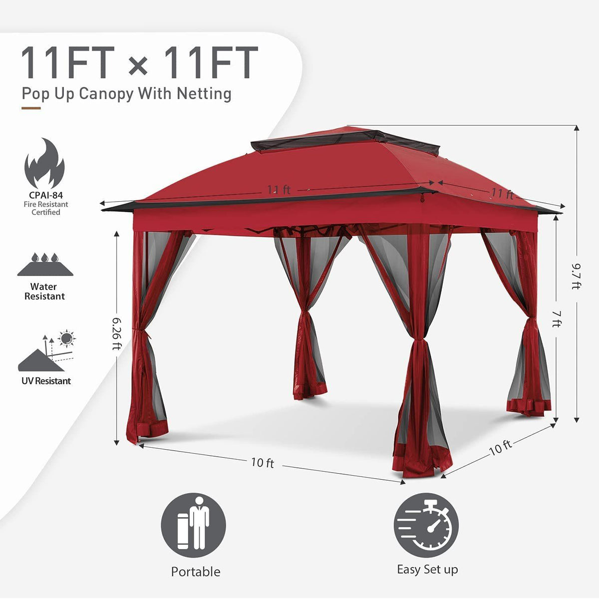 11'x11' Red Outdoor 2-Tier Vented Canopy Steel Gazebo BBQ Party Tent