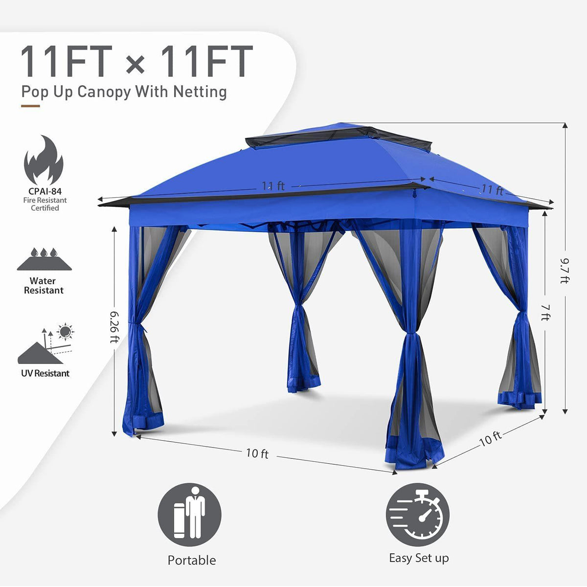 11'x11' Blue Outdoor 2-Tier Vented Canopy Steel Gazebo BBQ Party Tent