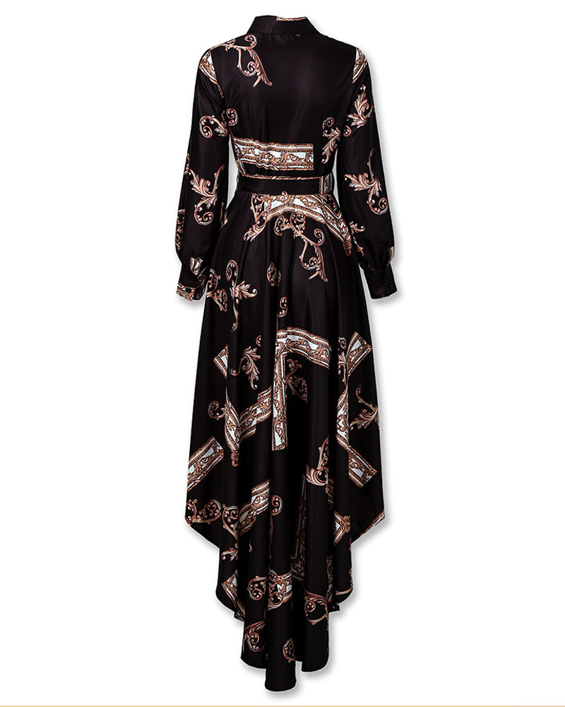 Baroque Print Lantern Sleeve Maxi Dress